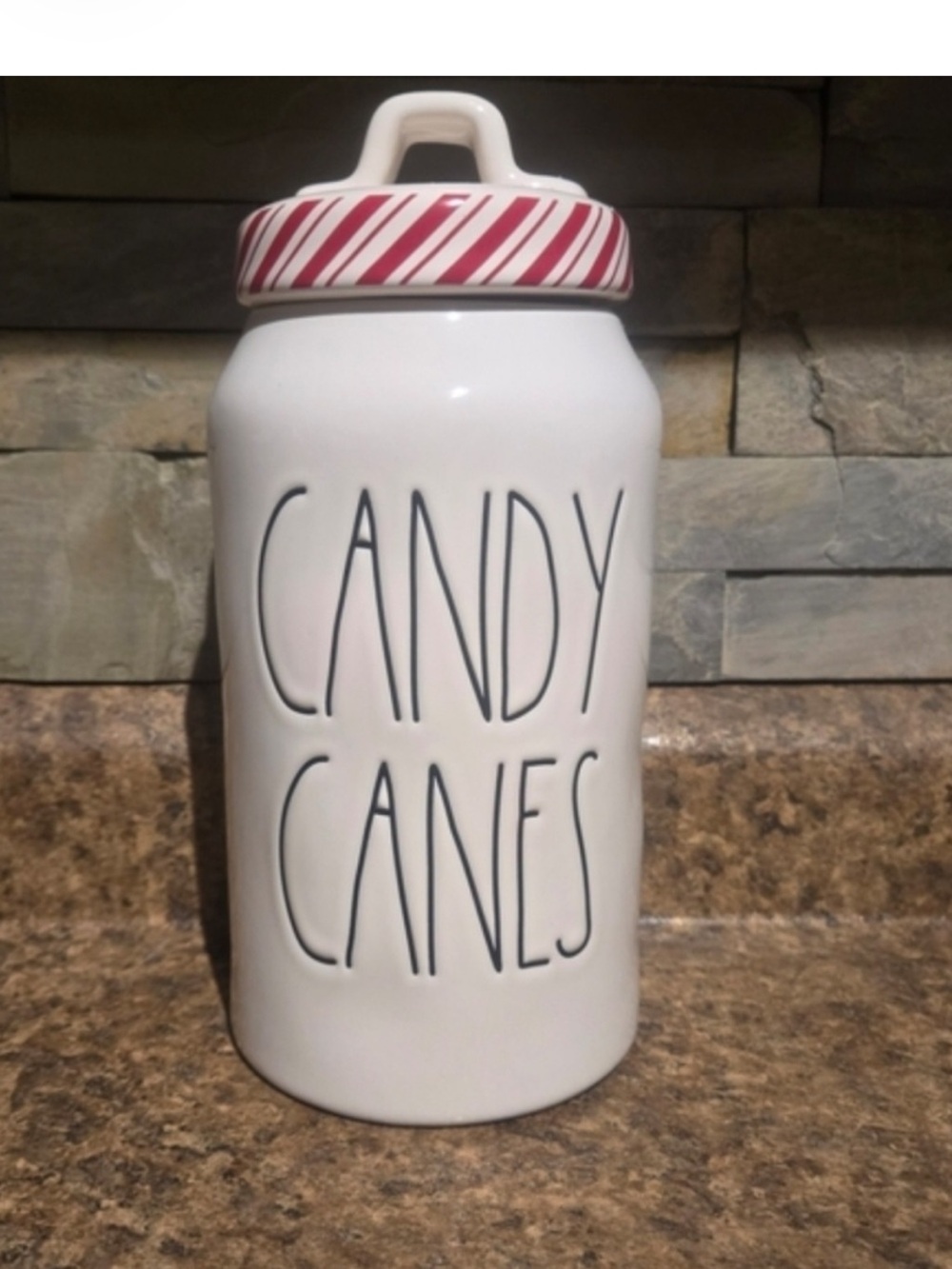 Rae Dunn Candy Canes Canister with Red Striped Lid
